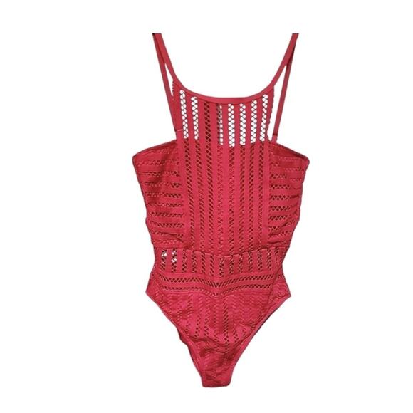 Kenneth Cole New York Swimsuit Womens Large Red High Neck Crochet One Piece NWT - Picture 3 of 6